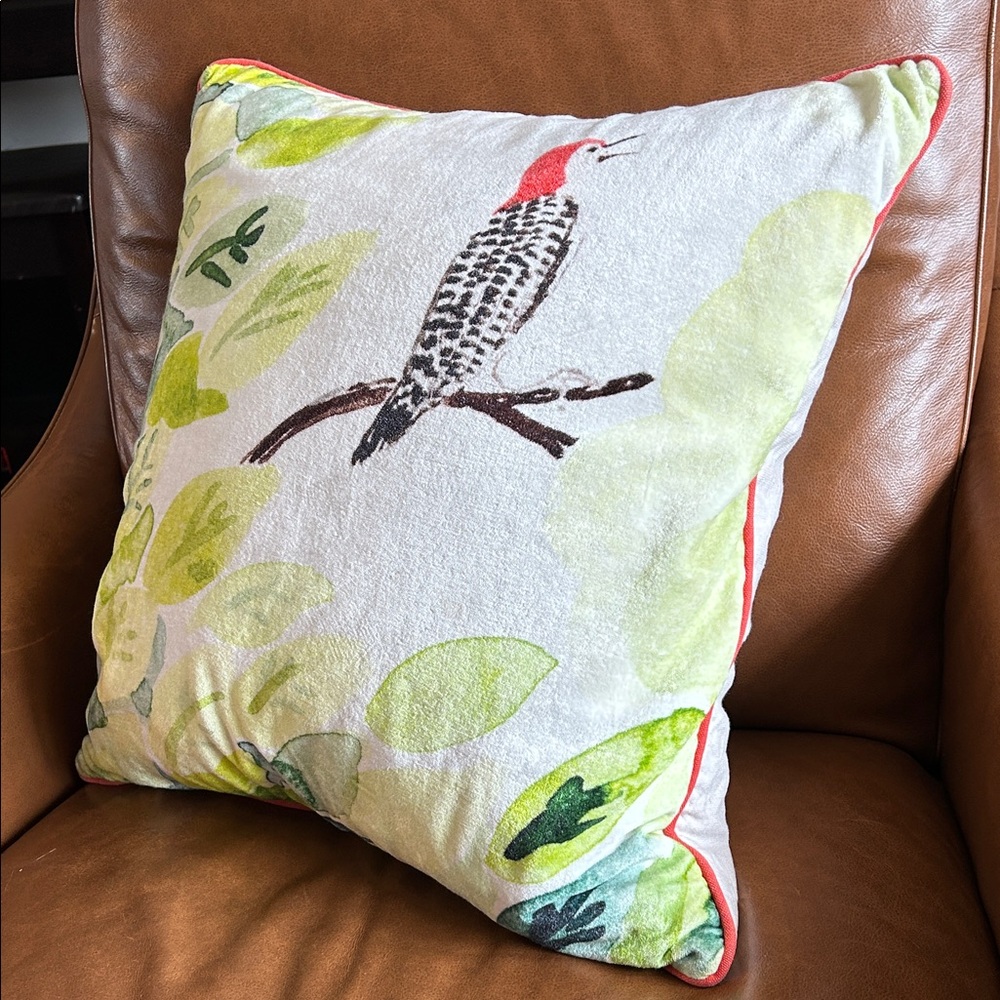 Virginia Johnson Woodpecker throw pillow in Cream with Coral Trim 18x18